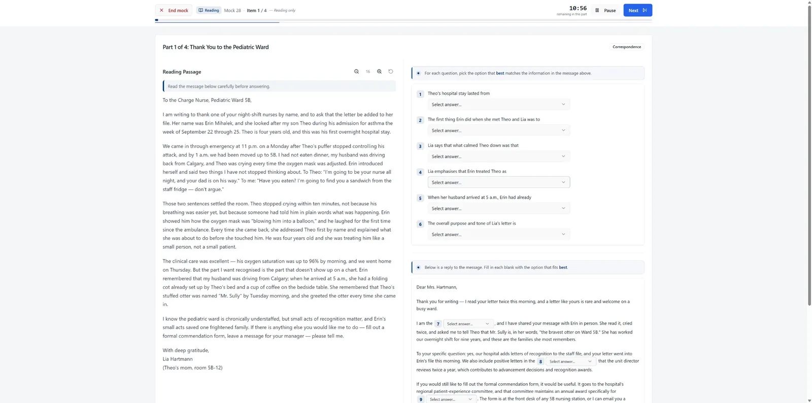 A Celpify mock test showing a Reading passage with its questions and a timer
