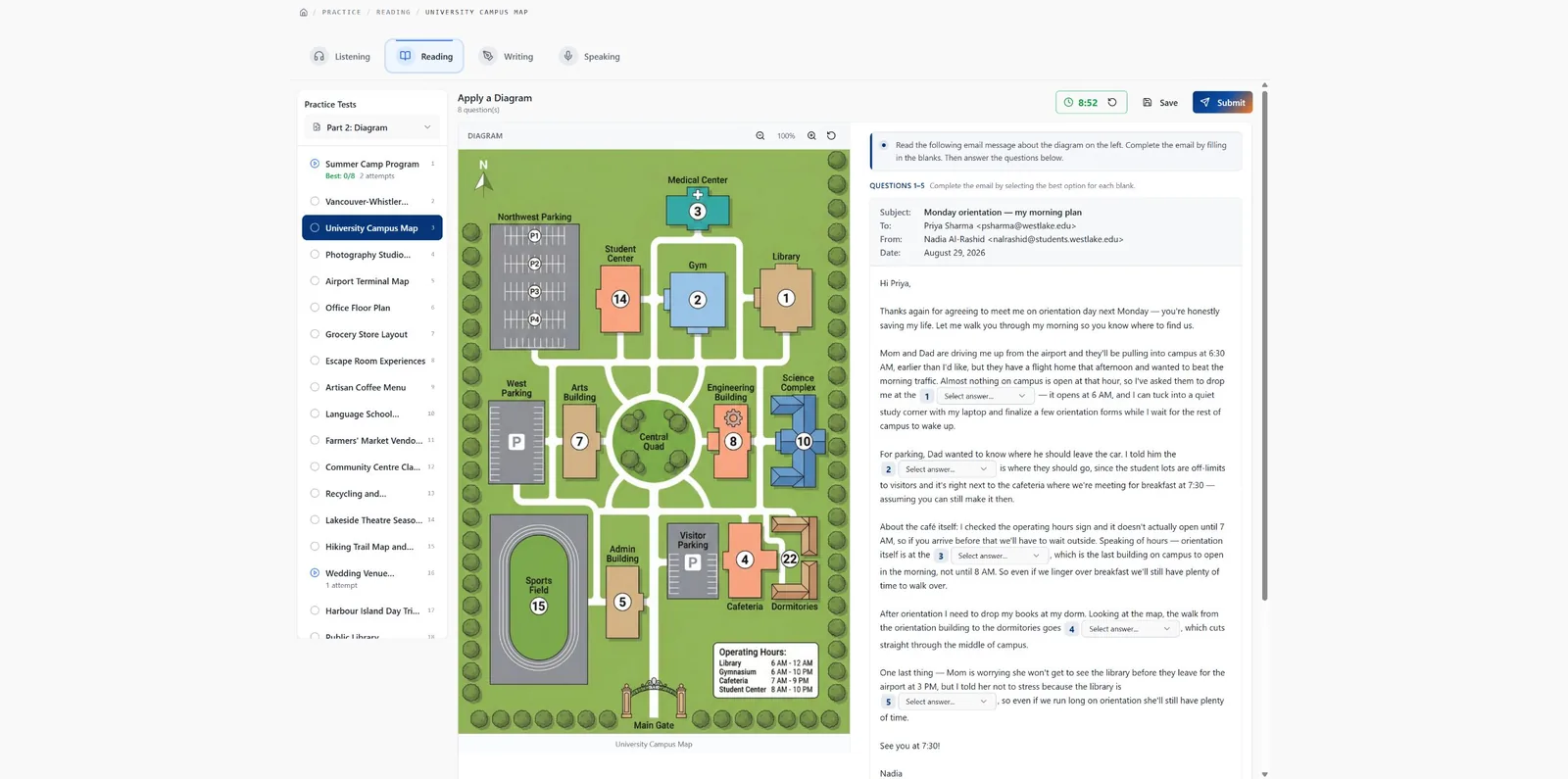 Celpify Reading Part 2 practice: a diagram on the left, an email with dropdown blanks on the right