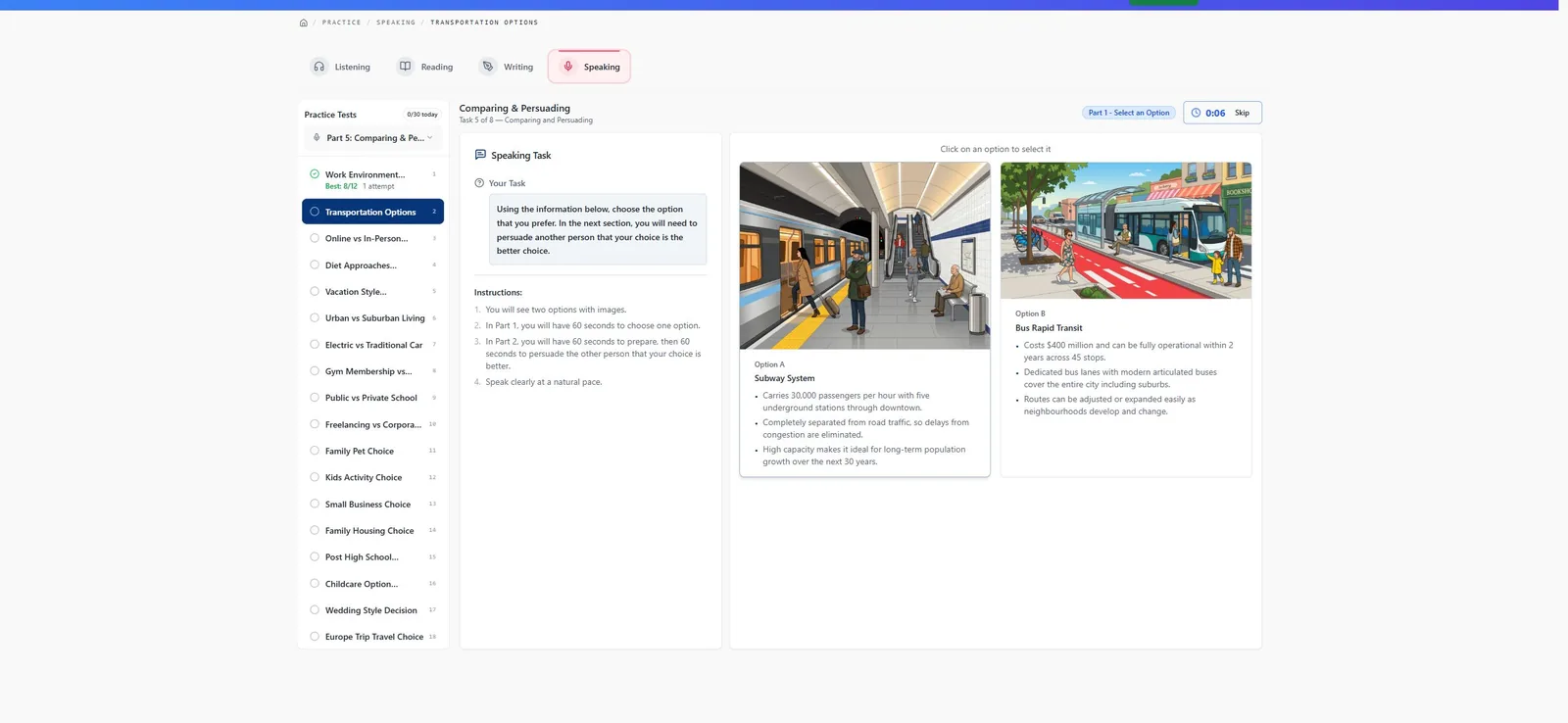 Celpify Speaking Task 5: two options shown as images with the recording controls