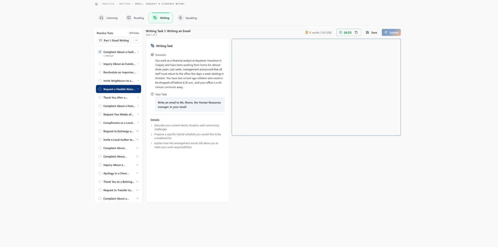 Celpify Writing Task 1: the email prompt beside the response editor with a word count and timer